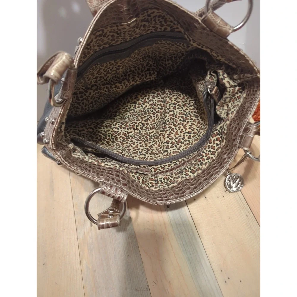 Vtg Y2K Lou-Ella Silver Croc Satchel Bag Studded Buckle Moto Boho slouchy Bling